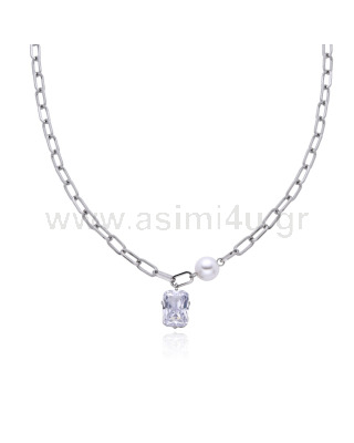 Stainless Steel Necklace with Pearl & Zircon